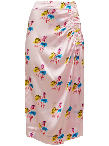 GANNI Draped Printed Satin Silk Midi Skirt in pink / multi