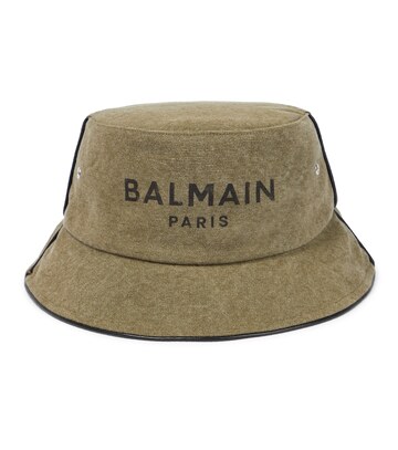 balmain leather-trimmed canvas bucket hat in green