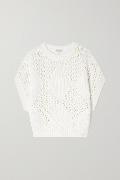 Brunello Cucinelli - Argyle Crochet-knit Cotton-blend Sweater - White