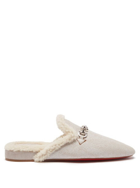 Christian Louboutin - Woolito Spiked Shearling Backless Loafers - Womens - White