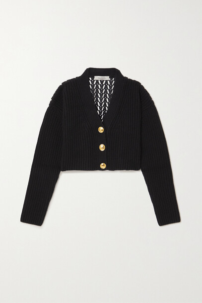 Valentino - Cropped Ribbed Wool And Crocheted Cotton-blend Cardigan - Black