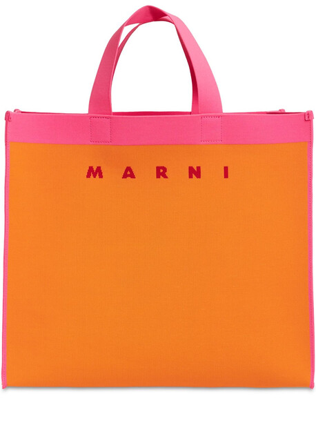 MARNI Large Knitted Fabric Shopping Bag in orange / fuchsia