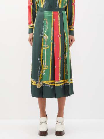 gucci - harness and double g-print silk midi skirt - womens - green multi