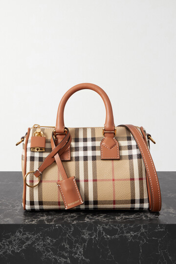 burberry - leather-trimmed checked coated-canvas tote - brown