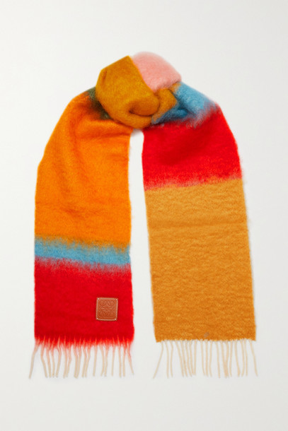 Loewe - Leather-trimmed Fringed Striped Mohair-blend Scarf - Pink 