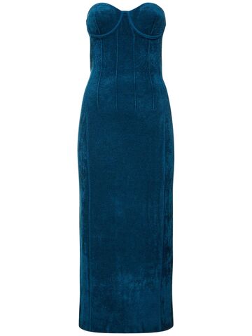 galvan compact velvet knit strapless midi dress in blue