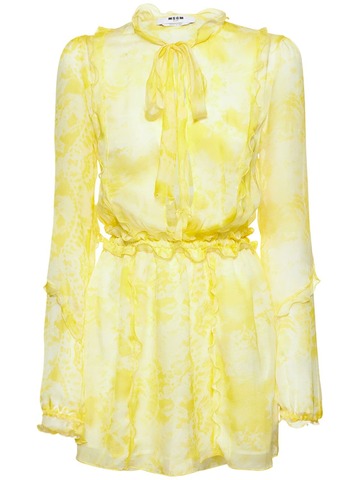 MSGM Printed Silk Mini Dress in yellow