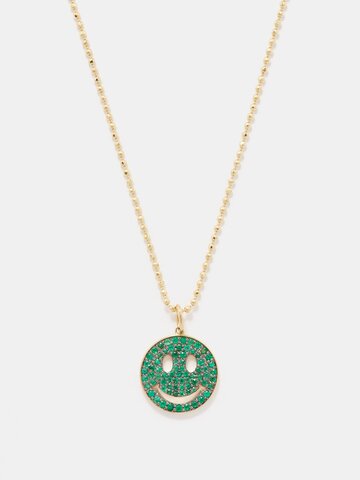 sydney evan - smiling face emerald & 14kt gold necklace - womens - green gold