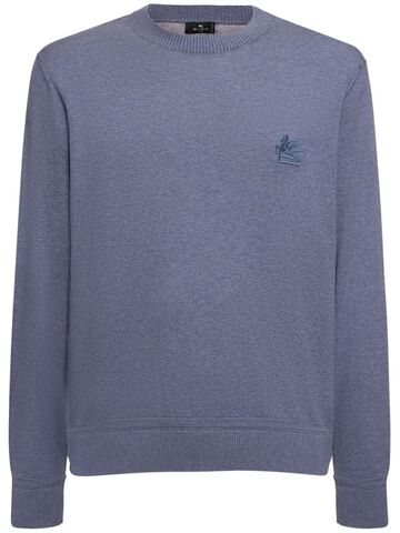etro logo cotton & cashmere crewneck sweater in blue