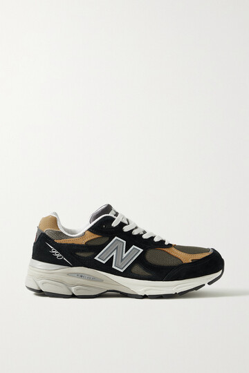 new balance - made in usa 990v3 leather-trimmed mesh and suede sneakers - black
