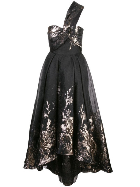Marchesa Notte one-shoulder Hi_Lo midi tea dress in black