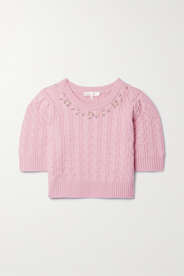 loveshackfancy - chapelle cropped embellished cable-knit merino wool sweater - pink