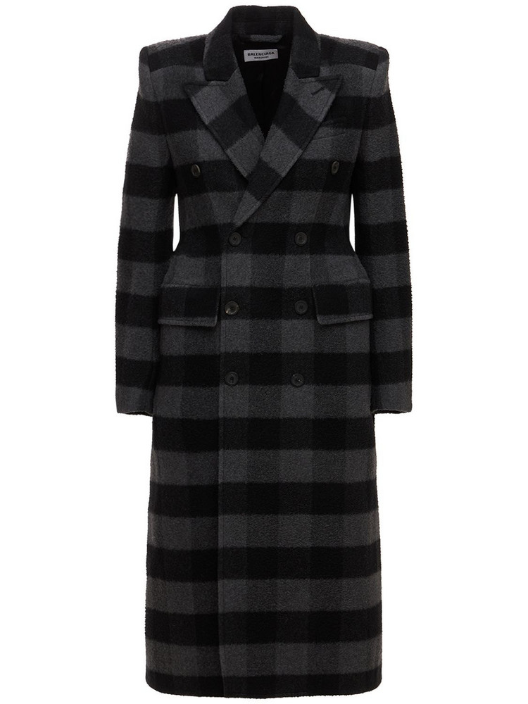 BALENCIAGA Double Breast Check Wool Long Coat in black / grey