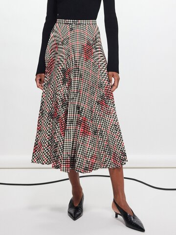 erdem - floral-print checked midi skirt - womens - grey multi