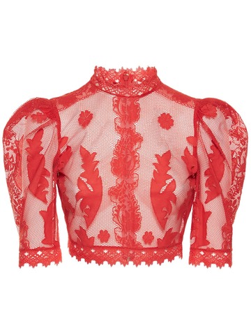 ZUHAIR MURAD Isabella Puff-sleeve Lace Top in red