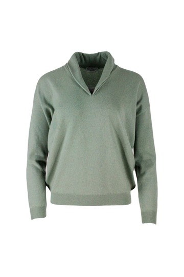 Brunello Cucinelli Cashmere Sweater With Sparkling Jewel in green