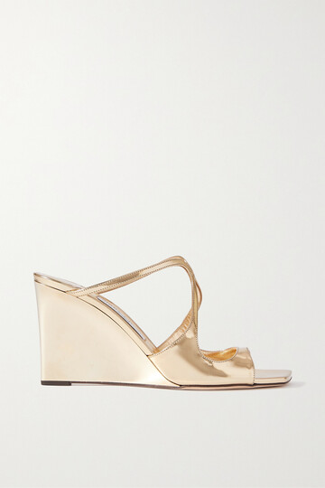 jimmy choo - anise 85 mirrored leather wedge mules - gold