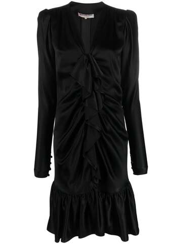 saint laurent pre-owned 1970s ruffled front long-sleeved silk dress - black
