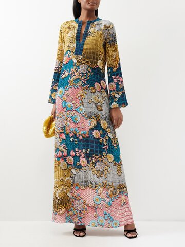 mary katrantzou - collins floral-print silk-crepe de chine dress - womens - gold multi