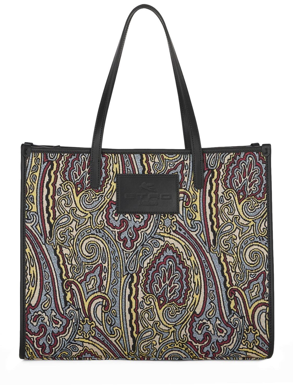 ETRO Globetrotter Jacquard & Leather Tote Bag in blue