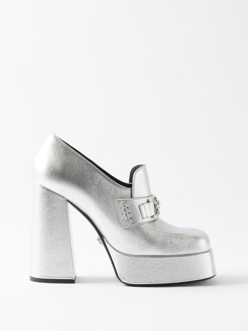 versace - medusa-plaque metallic-leather platform loafers - womens - silver