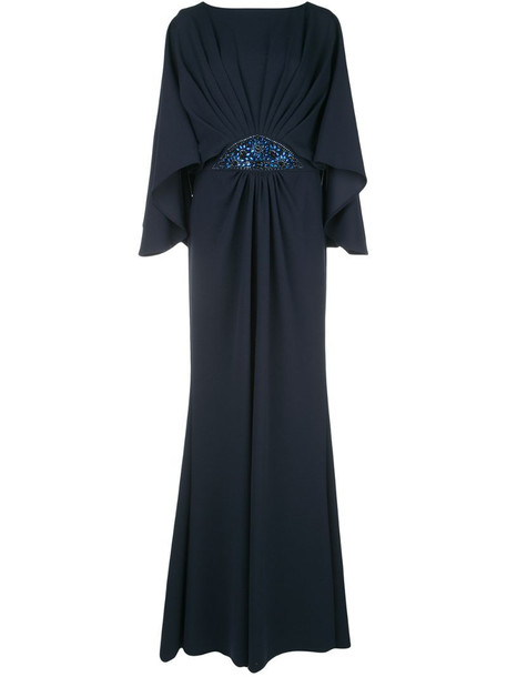 Tadashi Shoji embellished-waist pleated gown in blue
