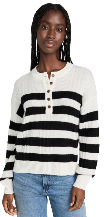 Naadam Cashmere Striped Ribbed Henley Sweater in black