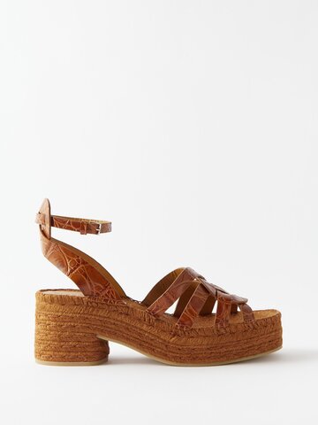 clergerie - chaya croc-embossed leather and raffia sandals - womens - brown