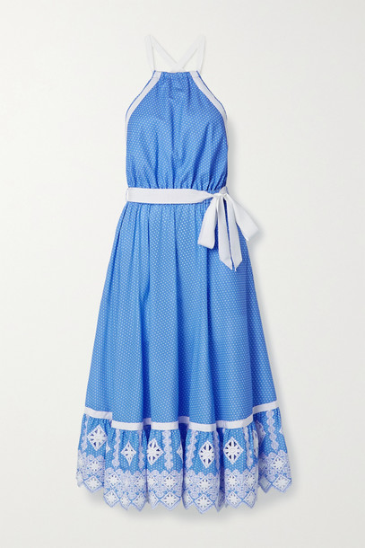 MIGUELINA - Amanda Open-back Embroidered Polka-dot Cotton-poplin Midi Dress - Blue