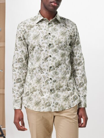 etro - paisley-print cotton-blend poplin shirt - mens - green multi