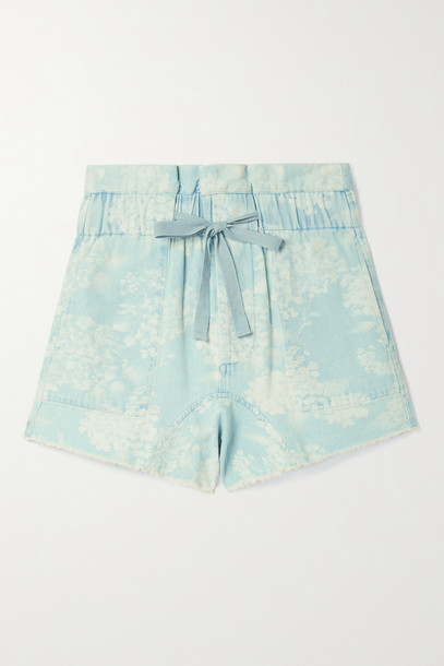 The Great - The Midland Frayed Floral-print Denim Shorts - Blue