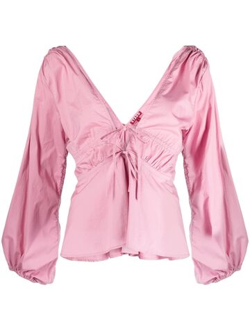 staud v-neck gathered long-sleeve blouse - pink