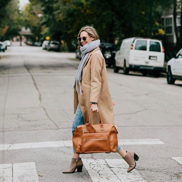 scarf bag brown bag ankle boots long coat cropped jeans 