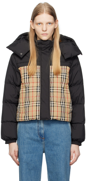 Burberry Black & Tan Check Down Jacket in beige