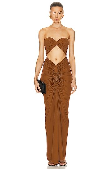 saint laurent jersey strapless gown in brown in camel