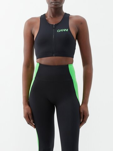 ganni - zipped recycled-blend sports bra - womens - black green