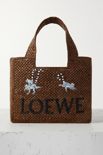loewe - font lemur small embroidered raffia tote - brown