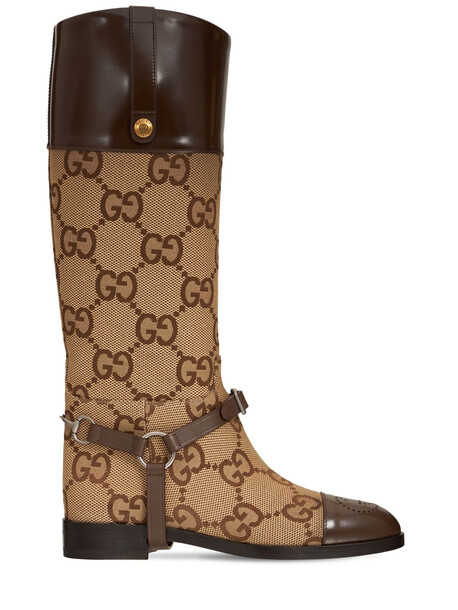 GUCCI 20mm Zelda Tall Canvas & Leather Boots in brown / beige