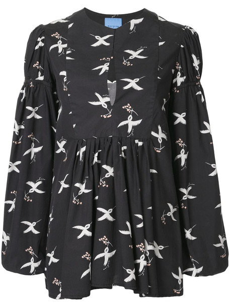 Macgraw bird print puff sleeve blouse in black