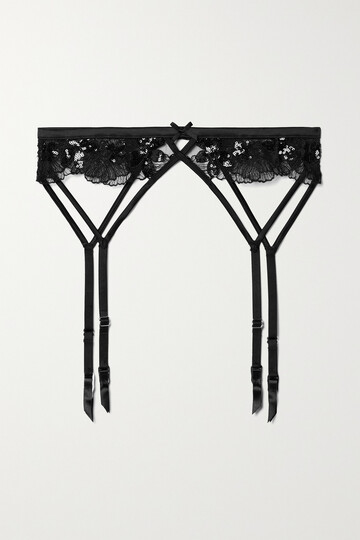 fleur du mal - silk-blend satin-trimmed sequin-embellished embroidered tulle suspender belt - black