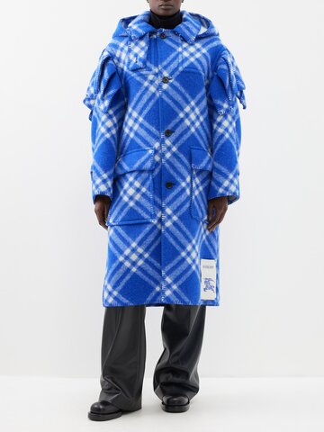 burberry - detachable-hood checked-wool coat - womens - blue check