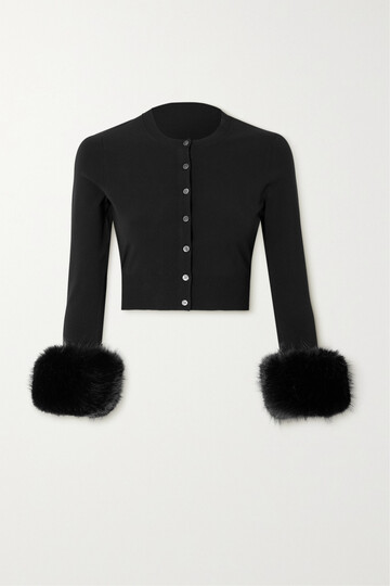 alexander wang - cropped faux fur-trimmed stretch-knit cardigan - black