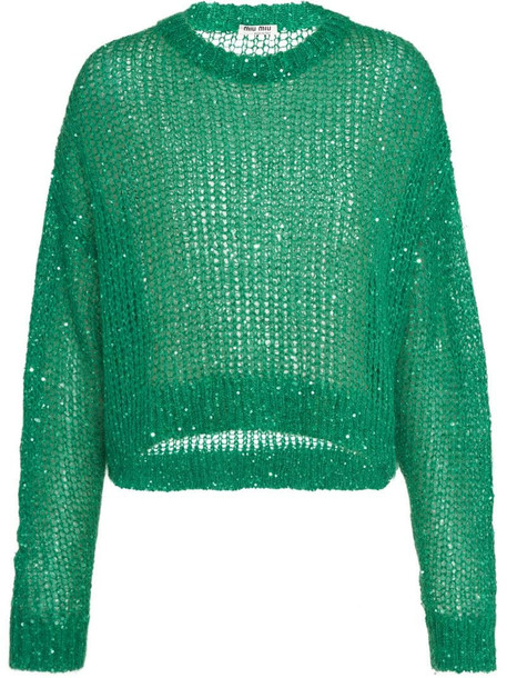 Miu Miu sequin-embellished mesh-knit jumper in green