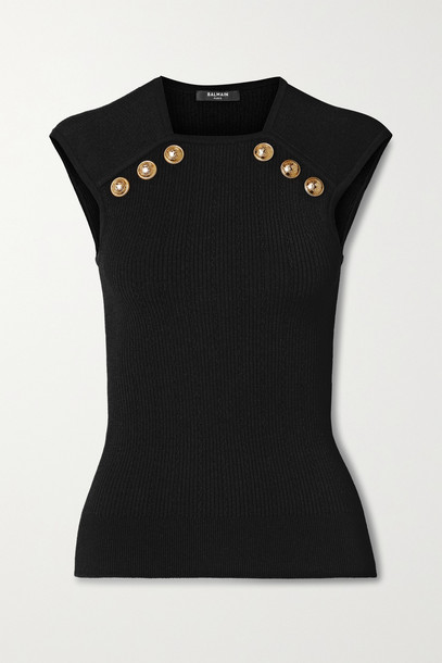 BALMAIN - Button-embellished Ribbed-knit Top - Black