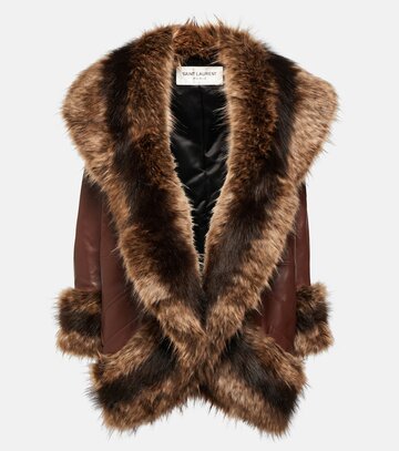 saint laurent faux fur-trimmed leather coat in brown
