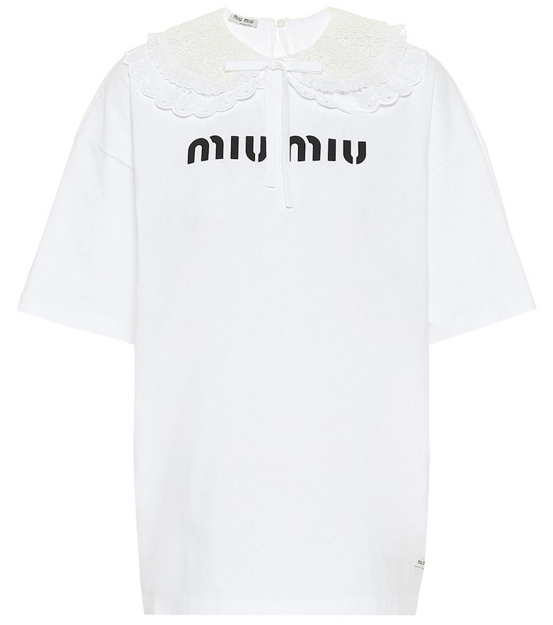 Miu Miu Lace-trimmed logo cotton T-shirt in white