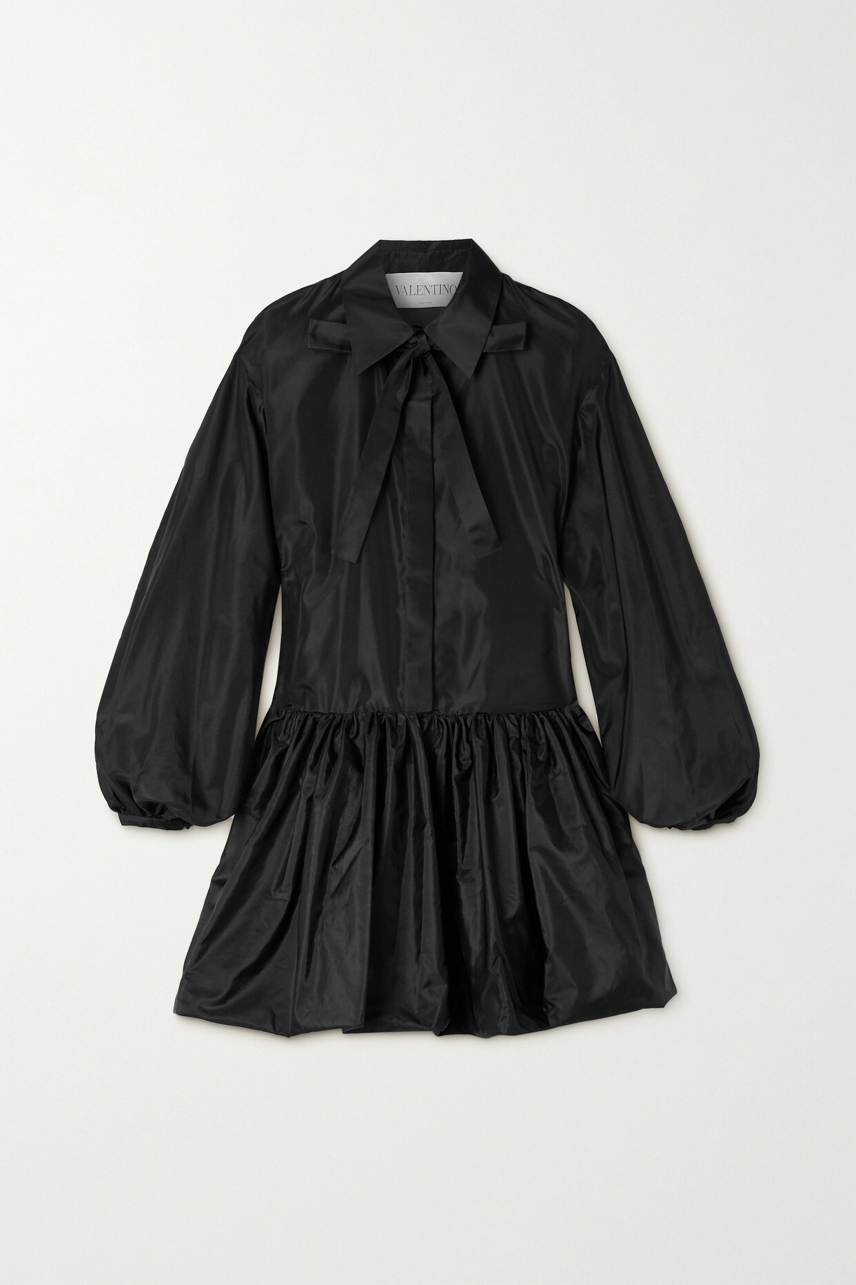Valentino - Tie-neck Gathered Silk-satin Mini Shirt Dress - Black