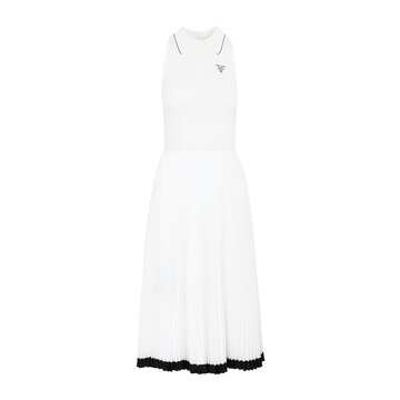 Prada Logo Intarsia Pleated Midi Dress in white