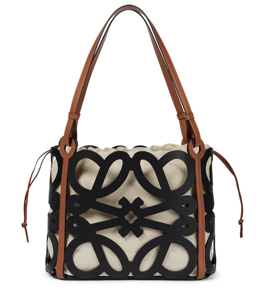 LOEWE Anagram Small leather and canvas cutout tote in black