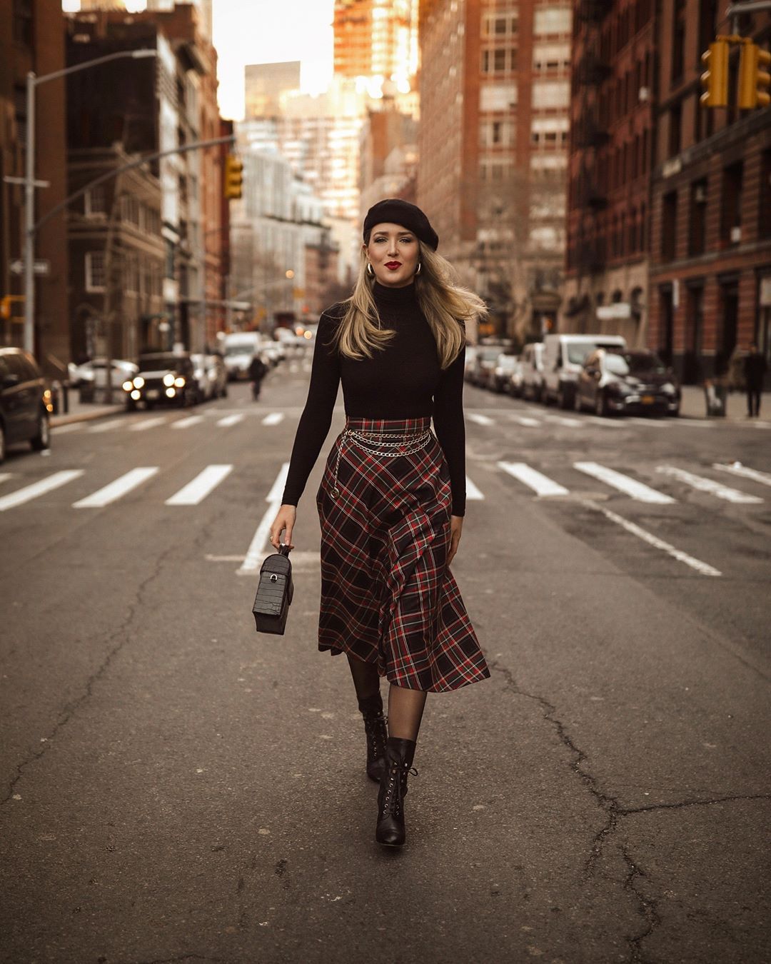 skirt, plaid skirt, midi skirt, black boots, lace up boots, tights ...